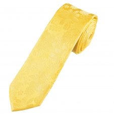 Ties Planet Gold Label Lemon Yellow Self Flower Patterned Men's Silk Skinny Tie