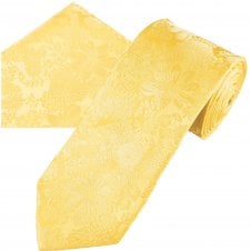 Ties Planet Gold Label Lemon Yellow Self Flower Patterned Men's Silk Tie & Pocket Square Handkerchief Set