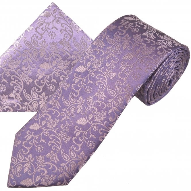  Mauve Self Leaves Patterned Men's Silk Tie & Pocket Square Handkerchief Set