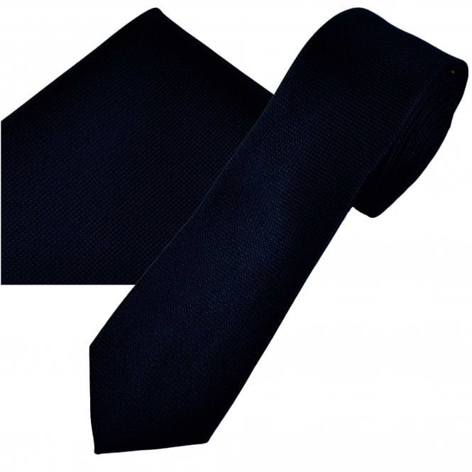 Ties Planet Gold Label Midnight Navy Blue Textured Luxury Silk Men's Skinny Tie & Pocket Square Handkerchief Set