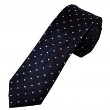 Ties Planet Gold Label Navy Blue & Pink Polka Dot Men's Silk Skinny Tie