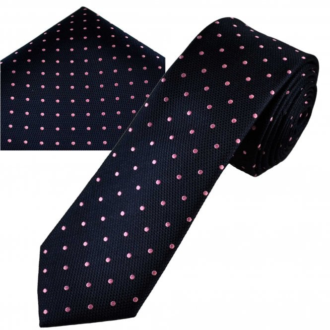  Navy Blue & Pink Polka Dot Men's Silk Skinny Tie & Pocket Square Handkerchief Set