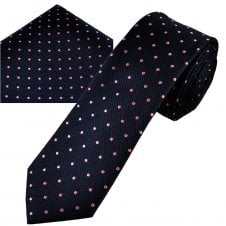 Ties Planet Gold Label Navy Blue & Pink Polka Dot Men's Silk Skinny Tie & Pocket Square Handkerchief Set
