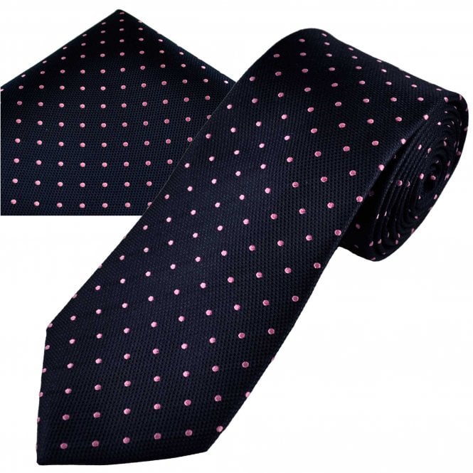  Navy Blue & Pink Polka Dot Men's Silk Tie & Pocket Square Handkerchief Set