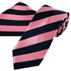 Ties Planet Gold Label Navy Blue & Pink Striped Men's Silk Tie & Pocket Square Handkerchief Set
