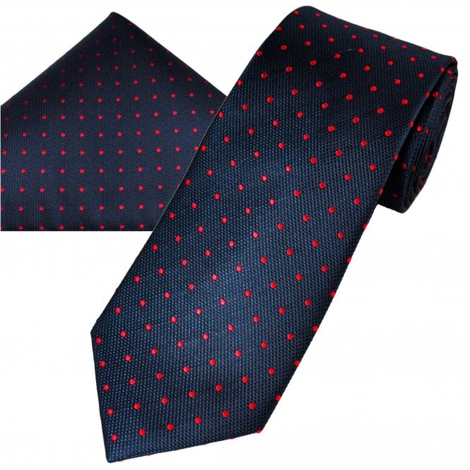 Navy Blue & Red Polka Dot Silk Men's Tie & Pocket Square Handkerchief Set