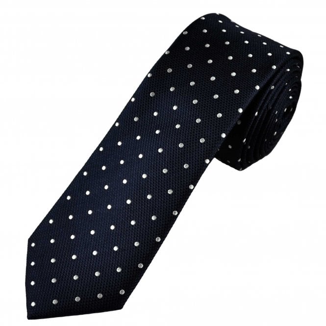  Navy Blue & White Polka Dot Men's Silk Skinny Tie