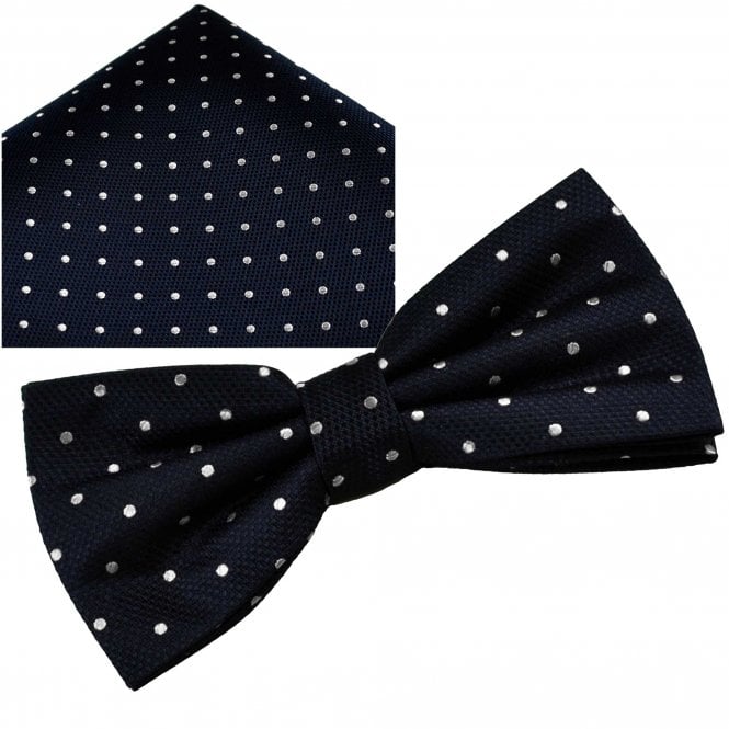  Navy Blue & White Polka Dot Silk Bow Tie & Pocket Square Handkerchief Set