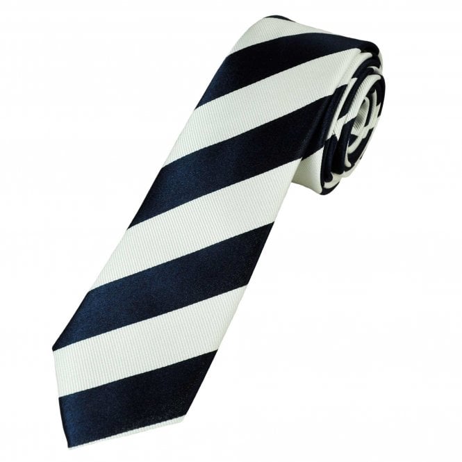 Ties Planet Gold Label Navy Blue & White Striped Men's Silk Skinny Tie