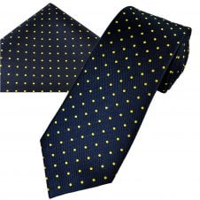 Ties Planet Gold Label Navy Blue & Yellow Polka Dot Silk Men's Tie & Pocket Square Handkerchief Set