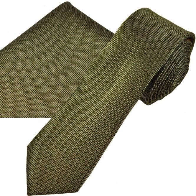 Ties Planet Gold Label Olive Textured Luxury Silk Men's Skinny Tie & Pocket Square Handkerchief Set