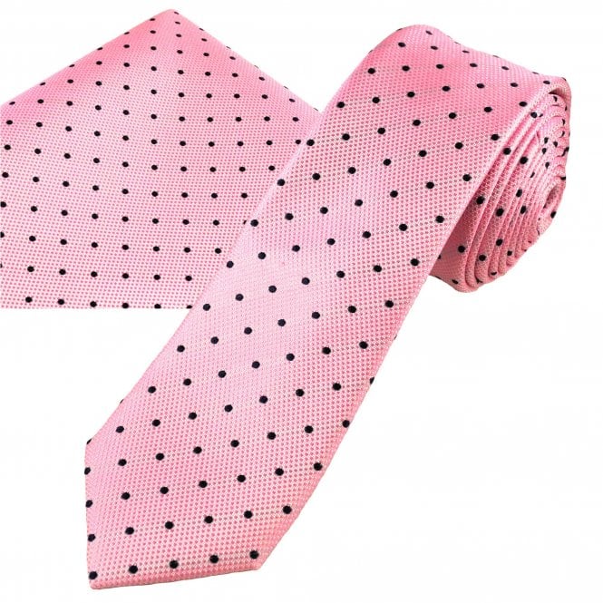  Pink & Navy Blue Polka Dot Men's Silk Skinny Tie & Pocket Square Handkerchief Set