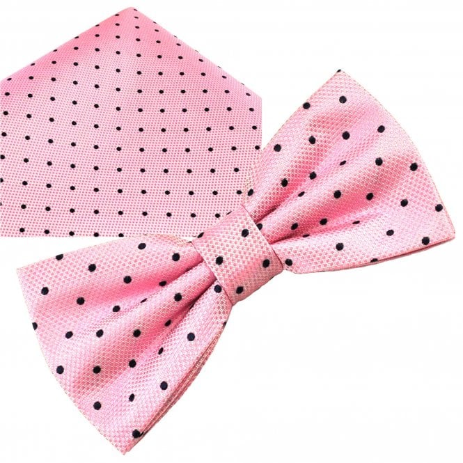  Pink & Navy Blue Polka Dot Silk Bow Tie & Pocket Square Handkerchief Set