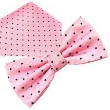 Ties Planet Gold Label Pink & Navy Blue Polka Dot Silk Bow Tie & Pocket Square Handkerchief Set