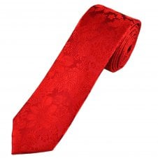 Ties Planet Gold Label Red Self Flower Patterned Men's Silk Skinny Tie