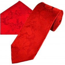 Ties Planet Gold Label Red Self Flower Patterned Men's Silk Tie & Pocket Square Handkerchief Set