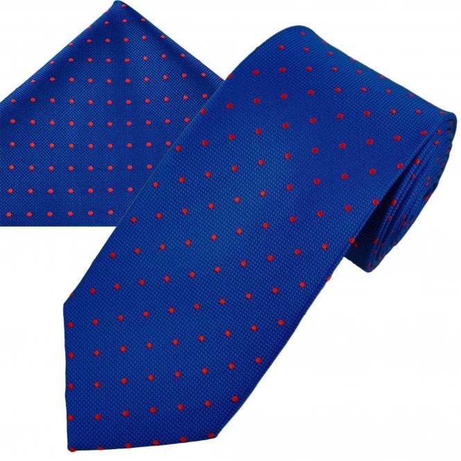 Ties Planet Gold Label Royal Blue & Red Polka Dot Men's Silk Tie & Pocket Square Handkerchief Set