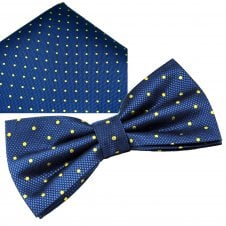 Ties Planet Gold Label Royal Blue & Yellow Polka Dot Silk Bow Tie & Pocket Square Handkerchief Set