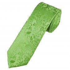 Ties Planet Gold Label Sage Green Self Leaves Patterned Men's Silk Skinny Tie