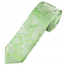 Ties Planet Gold Label Sage Green & Silver Flower Patterned Men's Silk Skinny Tie