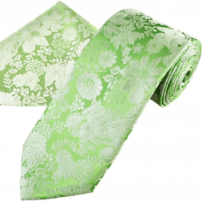  Sage Green & Silver Flower Patterned Men's Silk Tie & Pocket Square Handkerchief Set