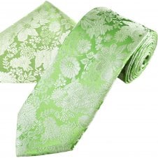 Ties Planet Gold Label Sage Green & Silver Flower Patterned Men's Silk Tie & Pocket Square Handkerchief Set