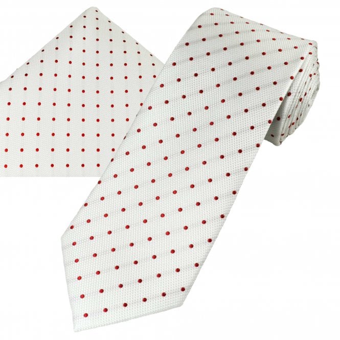  White & Red Polka Dot Silk Men's Tie & Pocket Square Handkerchief Set