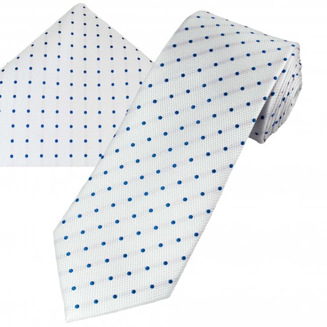  White & Royal Blue Polka Dot Silk Men's Tie & Pocket Square Handkerchief Set