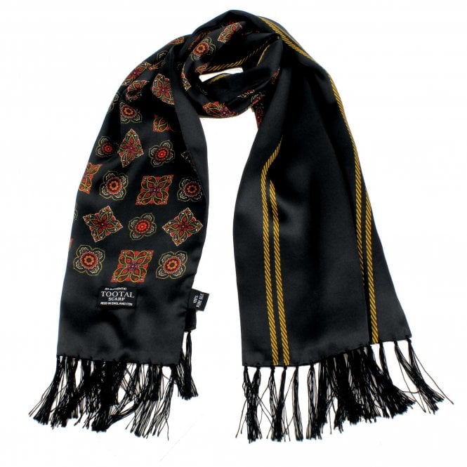 Tootal Black, Red, Gold & Orange Motif Patterned Silk Scarf