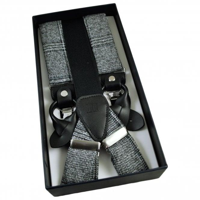 Tresanti Black & Grey Men's Trouser Braces - Dual 2-in-1 Black Leather Ends and Silver Clips