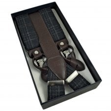 Tresanti Black with Grey & Mid Brown Check Men's Trouser Braces - Dual 2-in-1 Brown Leather Ends and Silver Clips