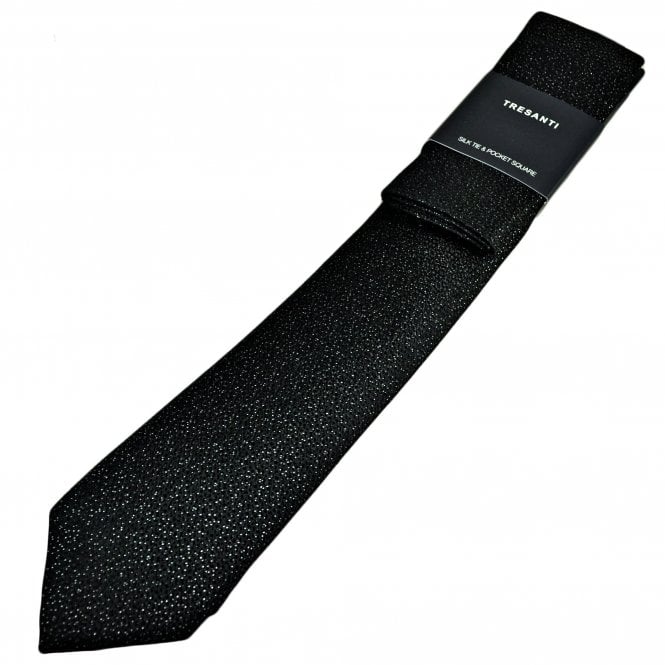 Tresanti Black with Silver Lurex Men's Designer Silk Tie & Pocket Square Handkerchief Set