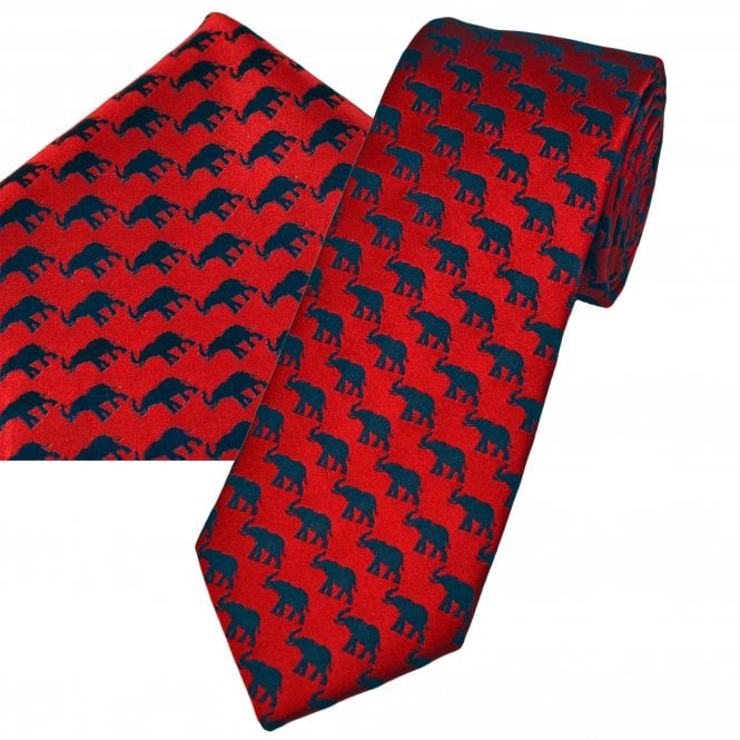 Tresanti Blood Red with Navy Blue Elephant Luxury Silk Men's Tie & Pocket Square Handkerchief Set