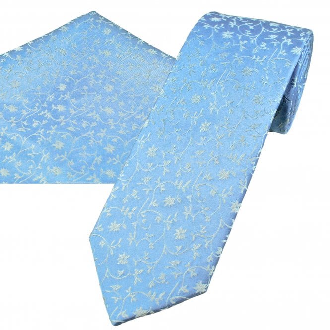 Tresanti Blue & Silver Floral Pattern Men's Designer Silk Tie & Pocket Square Handkerchief Set