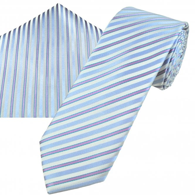 Tresanti Blue, Silver, Pink & Green Striped Men's Designer Silk Tie & Pocket Square Handkerchief Set