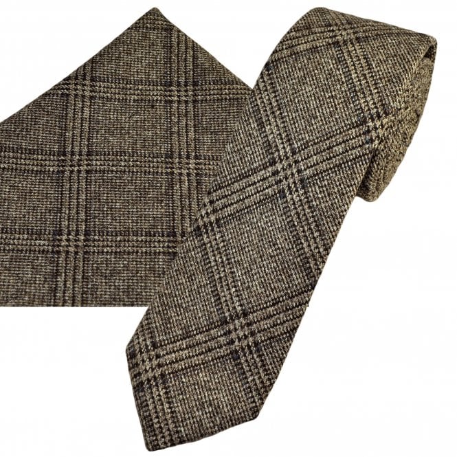 Tresanti Brown & Beige Checked Wool Blend Men's Tie & Pocket Square Handkerchief Set
