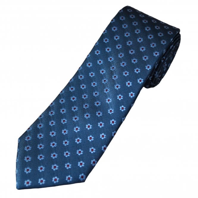 Tresanti Celeste Air Force Blue with Sky & Red Flower Pattern Men's Silk Designer Tie