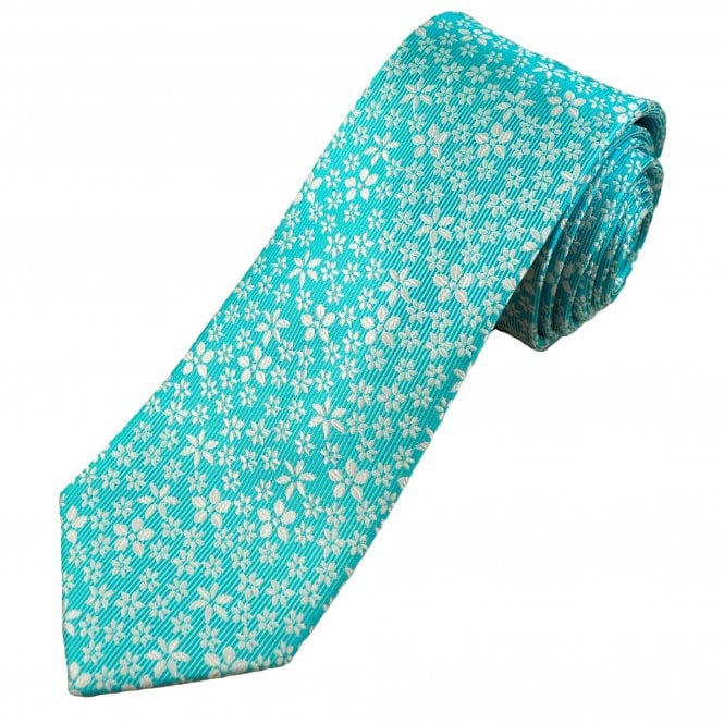 Tresanti Celeste Aqua Blue & Silver Flower Pattern Men's Silk Tie