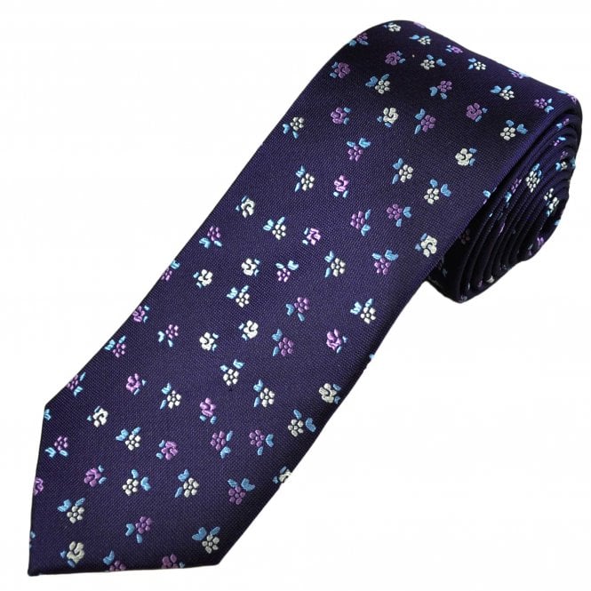 Tresanti Celeste Aubergine, Lilac, White & Turquoise Flower Pattern Men's Silk Designer Tie
