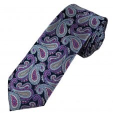 Tresanti Celeste Black, Fuchsia Pink, Dusty Blue & Silver Paisley Men's Silk Designer Tie