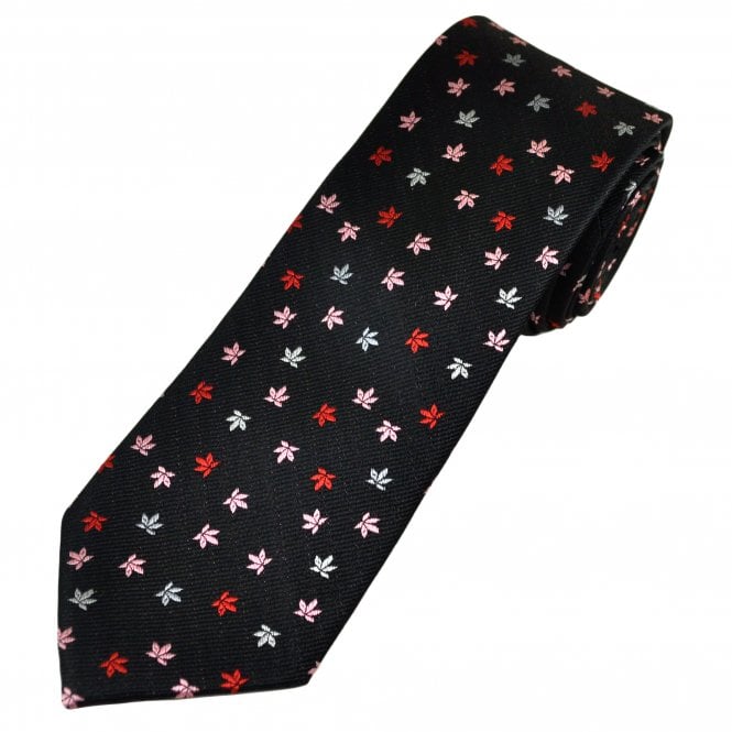 Tresanti Celeste Black, Red, Pink & Silver Leaf Pattern Men's Silk Designer Tie