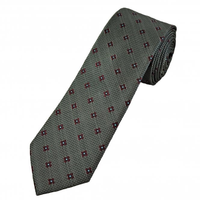 Tresanti Celeste Black & Silver Background with Burgundy & Light Blue Flower Pattern Men's Silk Tie