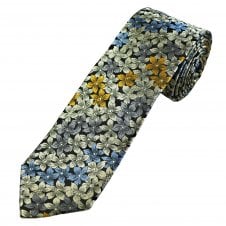 Tresanti Celeste Black, Silver, Grey, Blue & Yellow Flower Pattern Men's Silk Designer Tie