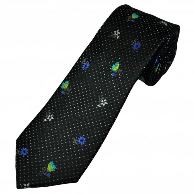 Tresanti Celeste Black, Silver & Multi Coloured Flowers Men's Silk Designer Tie