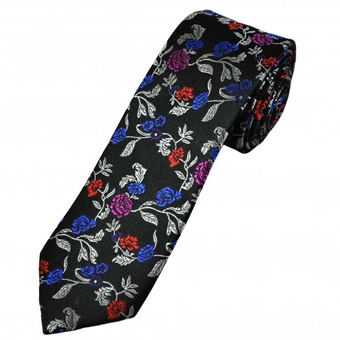Tresanti Celeste Black, Silver, Red, Pink, Purple & Blue Floral Pattern Men's Silk Tie