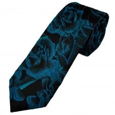 Tresanti Celeste Black & Teal Roses Flower Patterned Men's Silk Designer Tie