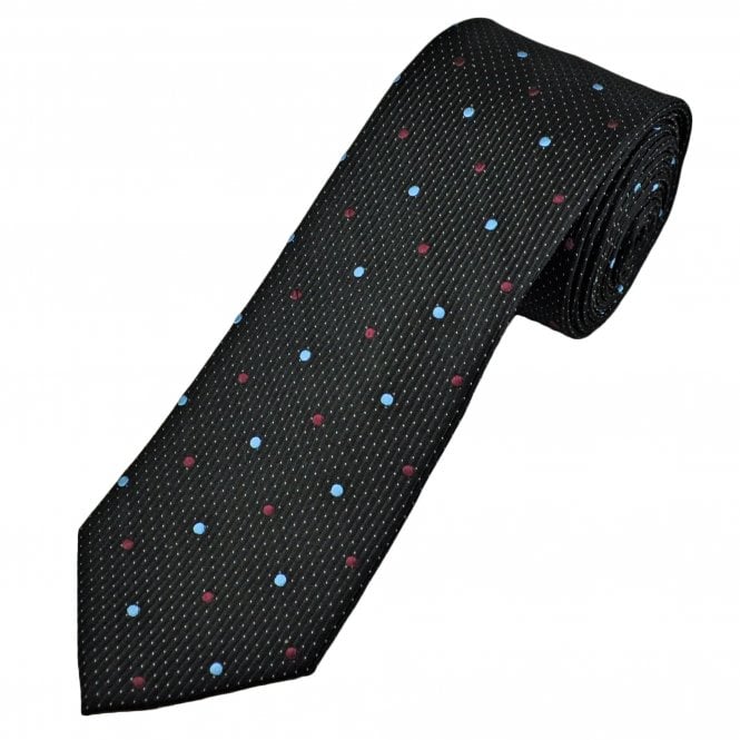 Tresanti Celeste Black with Burgundy & Light Blue Polka Dots and Silver Micro Dots Men's Silk Tie