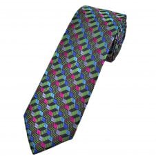 Tresanti Celeste Blue, Green & Cerise Pink Geometric Pattern Men's Designer Silk Tie