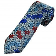 Tresanti Celeste Blue, Grey, Silver & Red Flower Pattern Men's Silk Designer Tie