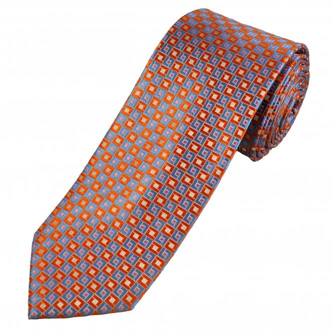 Tresanti Celeste Blue, Orange, Pink & Silver White Square Patterned Men's Silk Tie